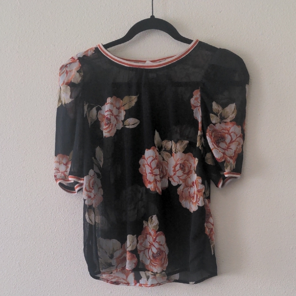A New Day Floral Sheer Black Top
